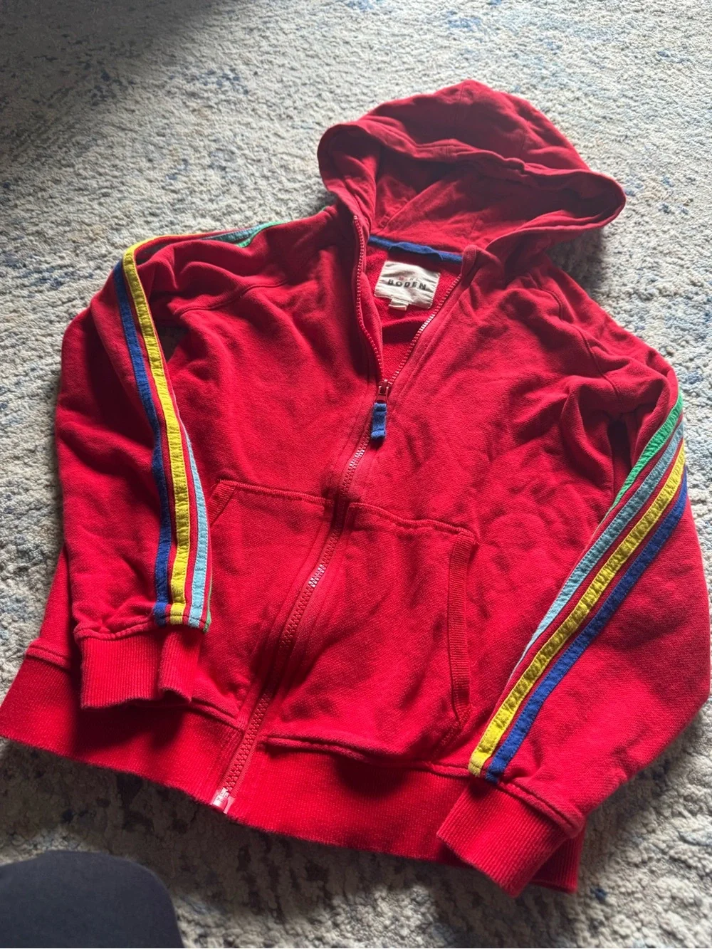 Mini Boden Cotton Red Kids' Zip-Up Hoodie with Sleeve Stripes